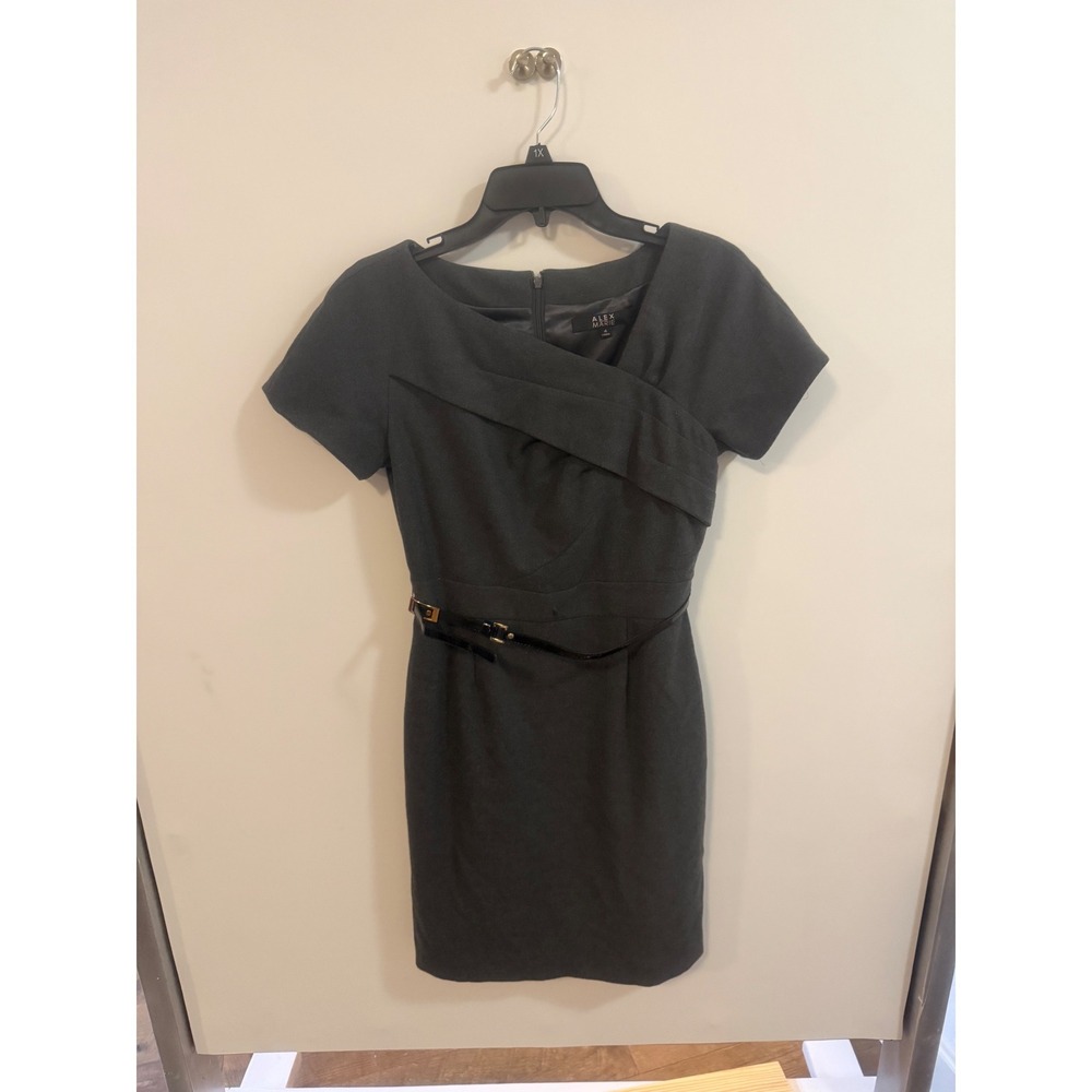 Alex Marie Charcoal Grey Short Sleeve Sheath Dress Belted Size 4 Professional